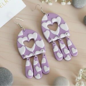 Heartfall Dangle - Handmade Clay Earrings - Valentine’s Day - Purple & White